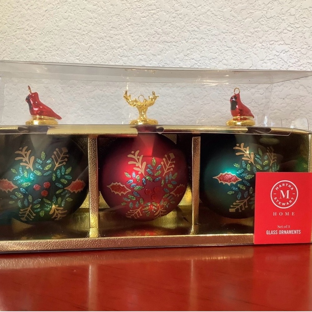 MARTHA STEWART HOME Glass Christmas Ornaments Set of 3 Cardinal Stag Red ~NEW~